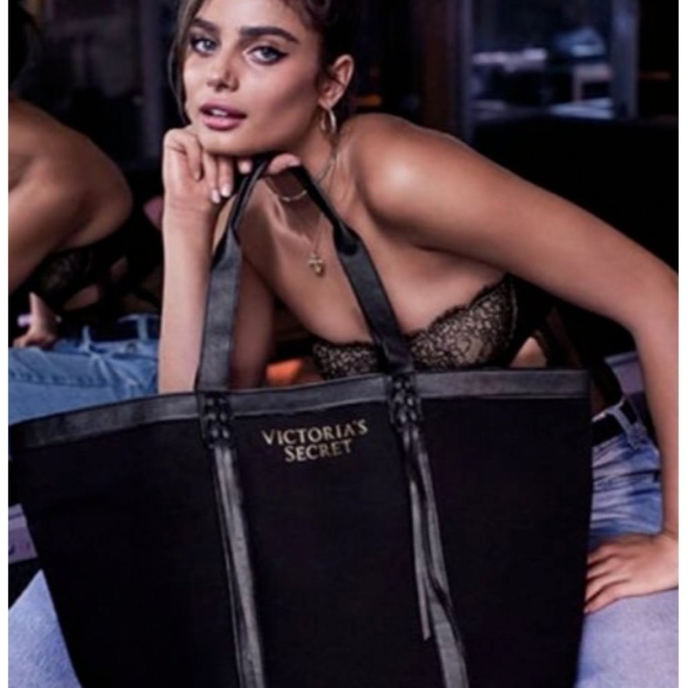 VICTORIA'S SECRET LIMITED EDITION BLACK FRINGE TOTE CANVAS PVC TRIM HANDBAG